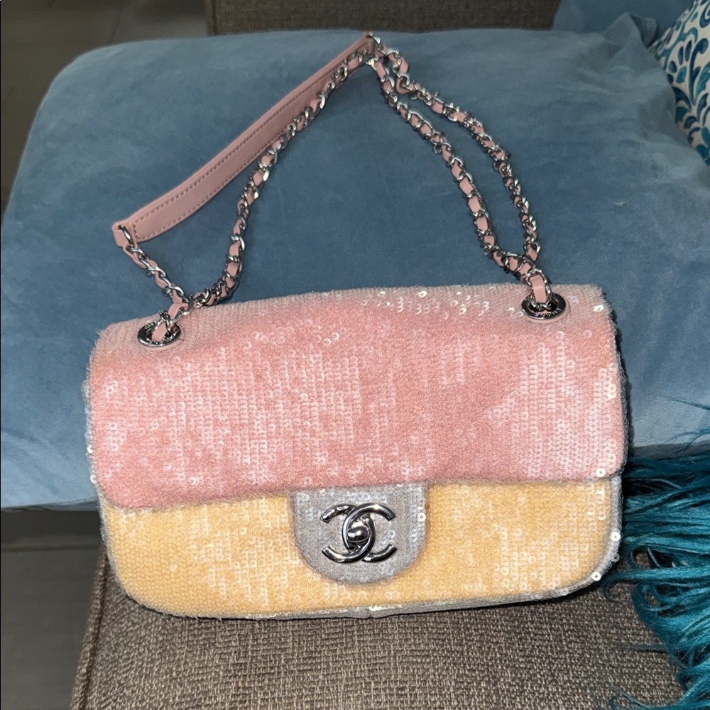 Pink and Yellow Sequin Shoulder Bag with Silver Chain